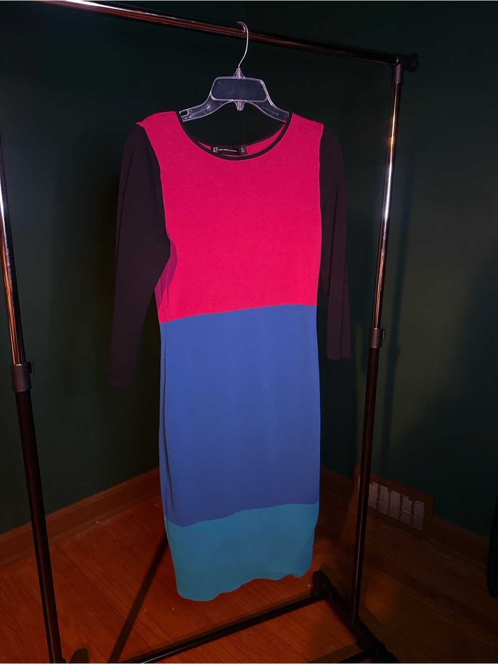Colorblock Long Sleeve Midi Dress in Pink, Blue & Teal